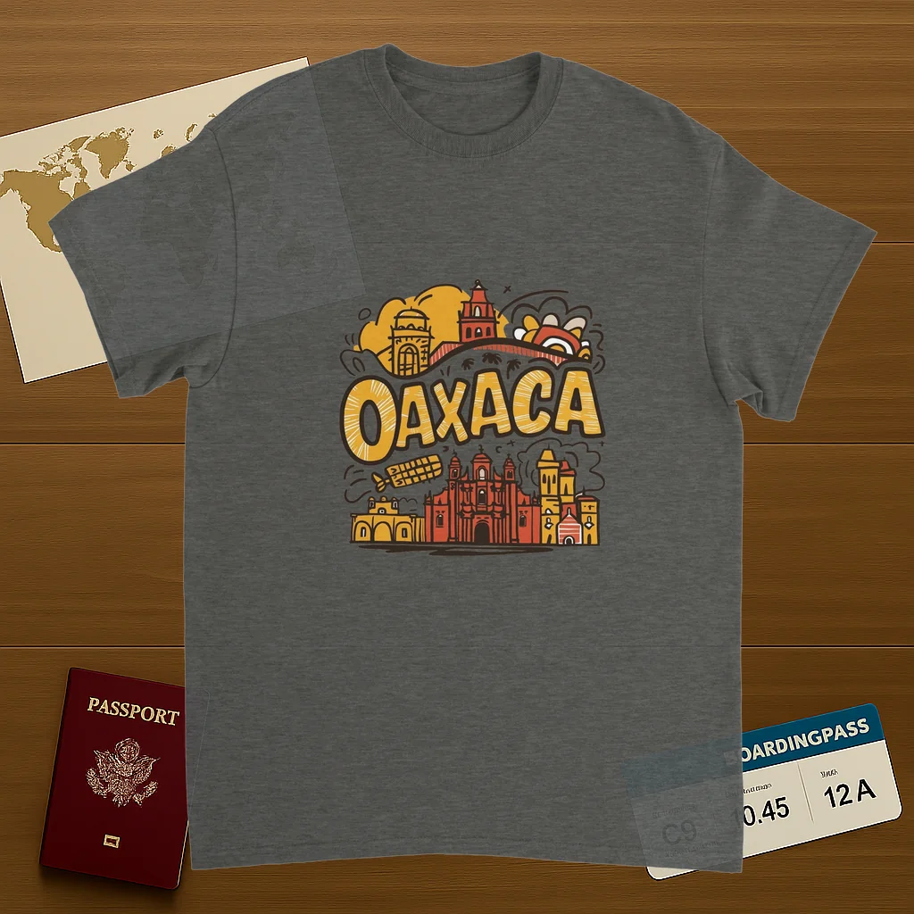 Oaxaca Mexico Unisex Travel T-Shirt on wooden background with world map, passport, and boarding pass