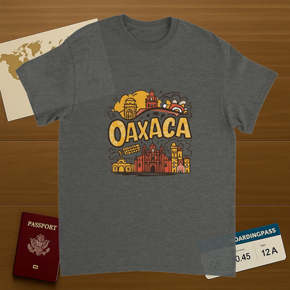 Oaxaca Mexico Unisex Travel T-Shirt on wooden background with world map, passport, and boarding pass