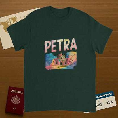 forest green Petra Jordan Unisex Travel T-Shirt on wooden background with world map, passport, and boarding pass