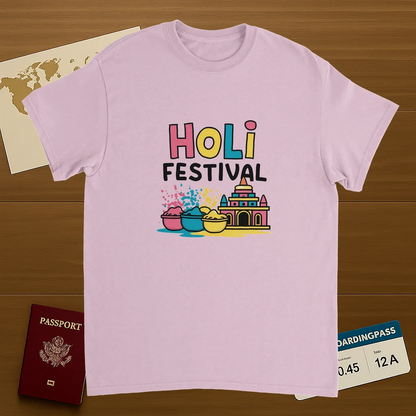 light pink Holi Festival Mathura India Unisex Travel T-Shirt on wooden background with world map, passport, and boarding pass