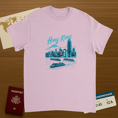 light pink Hong Kong Unisex Travel T-Shirt on wooden background with world map, passport, and boarding pass