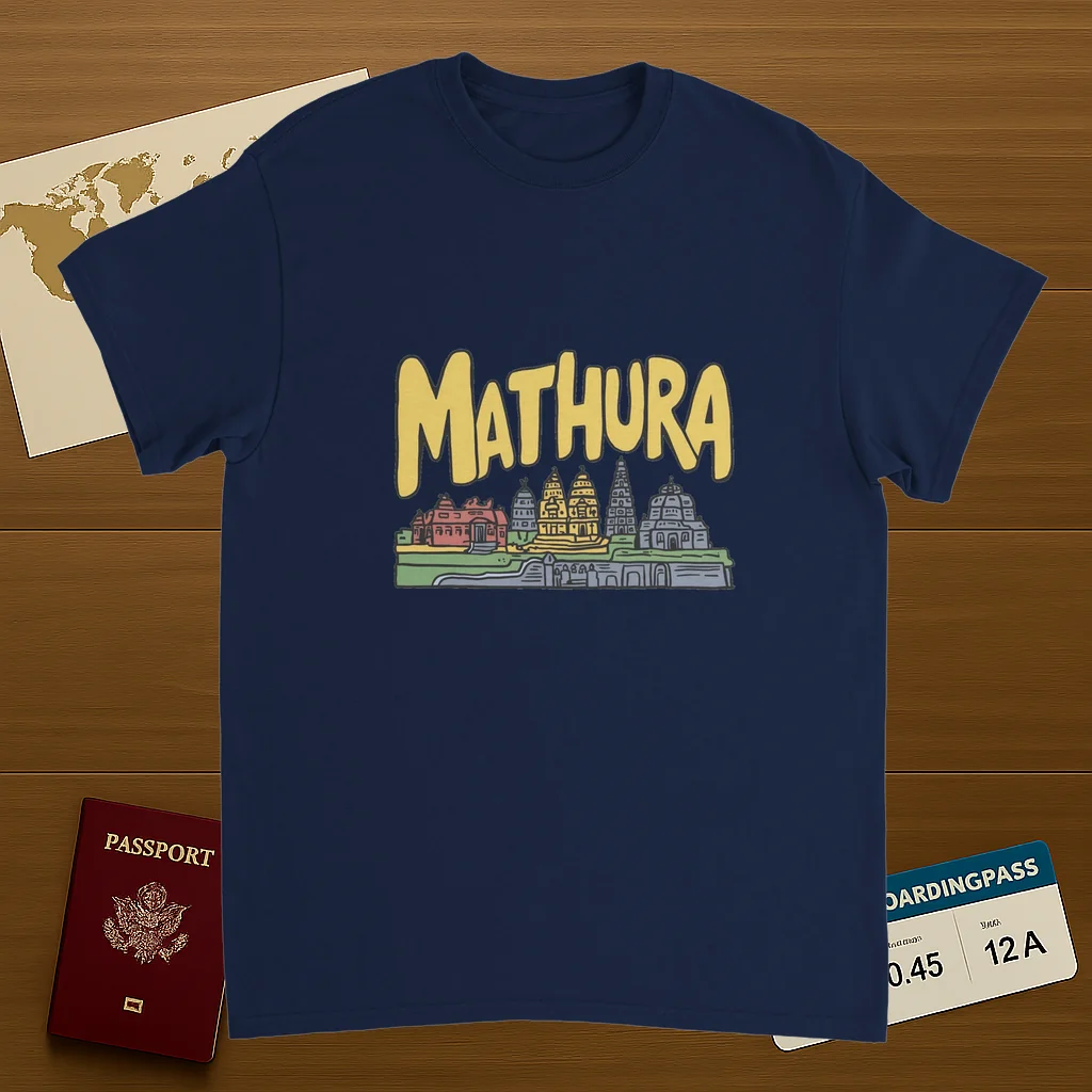 navy Mathura India Unisex Travel T-Shirt on wooden background with world map, passport, and boarding pass