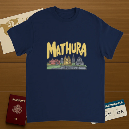 navy Mathura India Unisex Travel T-Shirt on wooden background with world map, passport, and boarding pass