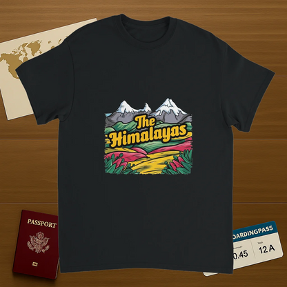 black Himalayas Unisex Travel T-Shirt on wooden background with world map, passport, and boarding pass