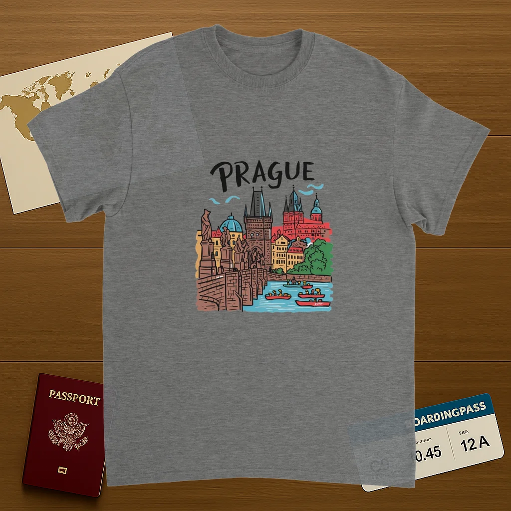 sport grey Prague Czechia Unisex Travel T-Shirt on wooden background with world map, passport, and boarding pass