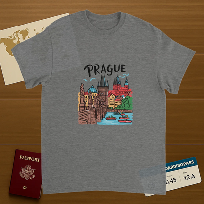 sport grey Prague Czechia Unisex Travel T-Shirt on wooden background with world map, passport, and boarding pass