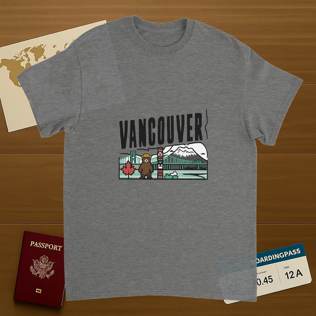 sport grey Vancouver Canada Unisex Travel T-Shirt on wooden background with world map, passport, and boarding pass