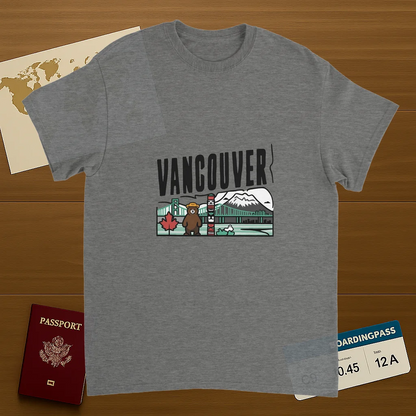 sport grey Vancouver Canada Unisex Travel T-Shirt on wooden background with world map, passport, and boarding pass