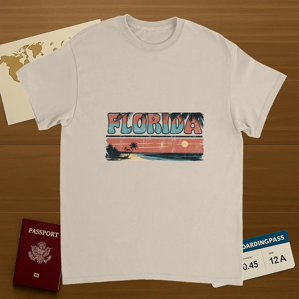 Florida USA Unisex Travel T-Shirt on wooden background with world map, passport, and boarding pass