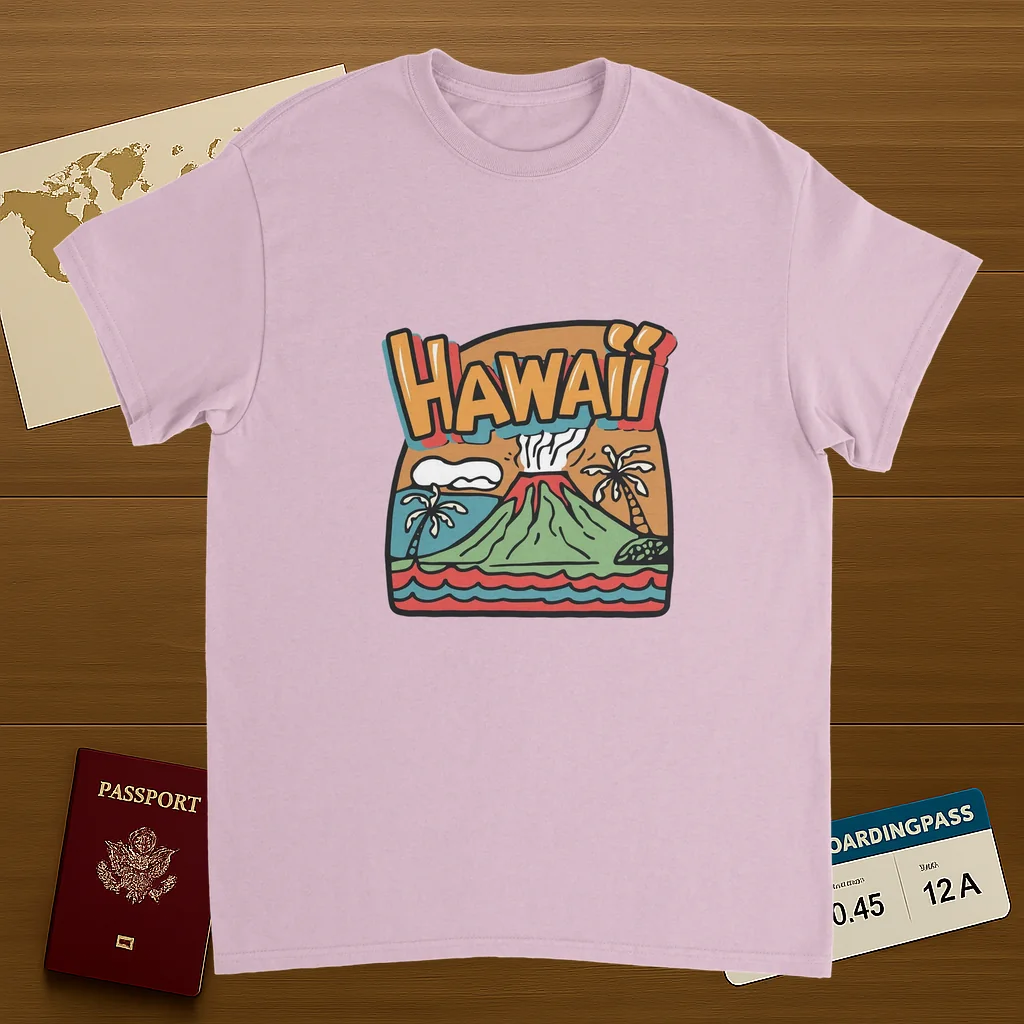 light pink Hawaii Unisex Travel T-Shirt on wooden background with world map, passport, and boarding pass