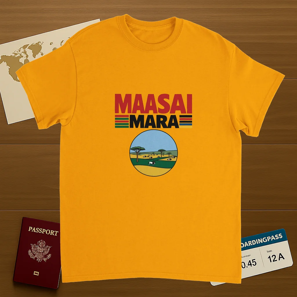 gold Maasai Mara Unisex Travel T-Shirt on wooden background with world map, passport, and boarding pass