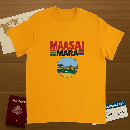 gold Maasai Mara Unisex Travel T-Shirt on wooden background with world map, passport, and boarding pass