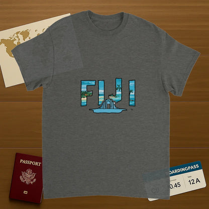 Fiji Unisex Travel T-Shirt on wooden background with world map, passport, and boarding pass