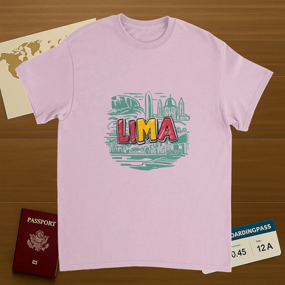 light pink Lima Peru Unisex Travel T-Shirt on wooden background with world map, passport, and boarding pass