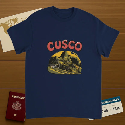 navy Cusco Peru Unisex Travel T-Shirt on wooden background with world map, passport, and boarding pass