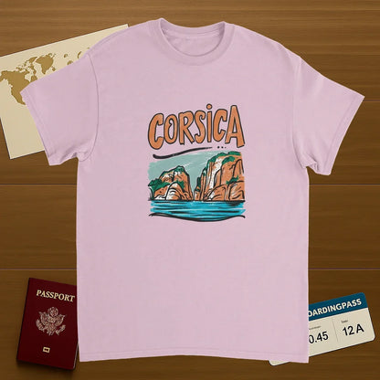 light pink Corsica Unisex Travel T-Shirt on wooden background with world map, passport, and boarding pass