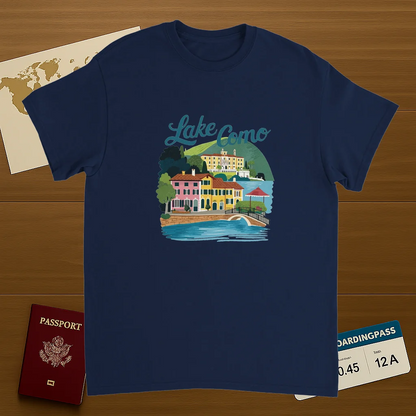 navy Lake Como Italy Unisex Travel T-Shirt on wooden background with world map, passport, and boarding pass
