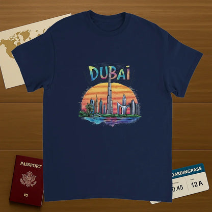 navy Dubai Unisex Travel T-Shirt on wooden background with world map, passport, and boarding pass