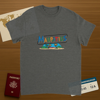 Mauritius Unisex Travel T-Shirt on wooden background with world map, passport, and boarding pass