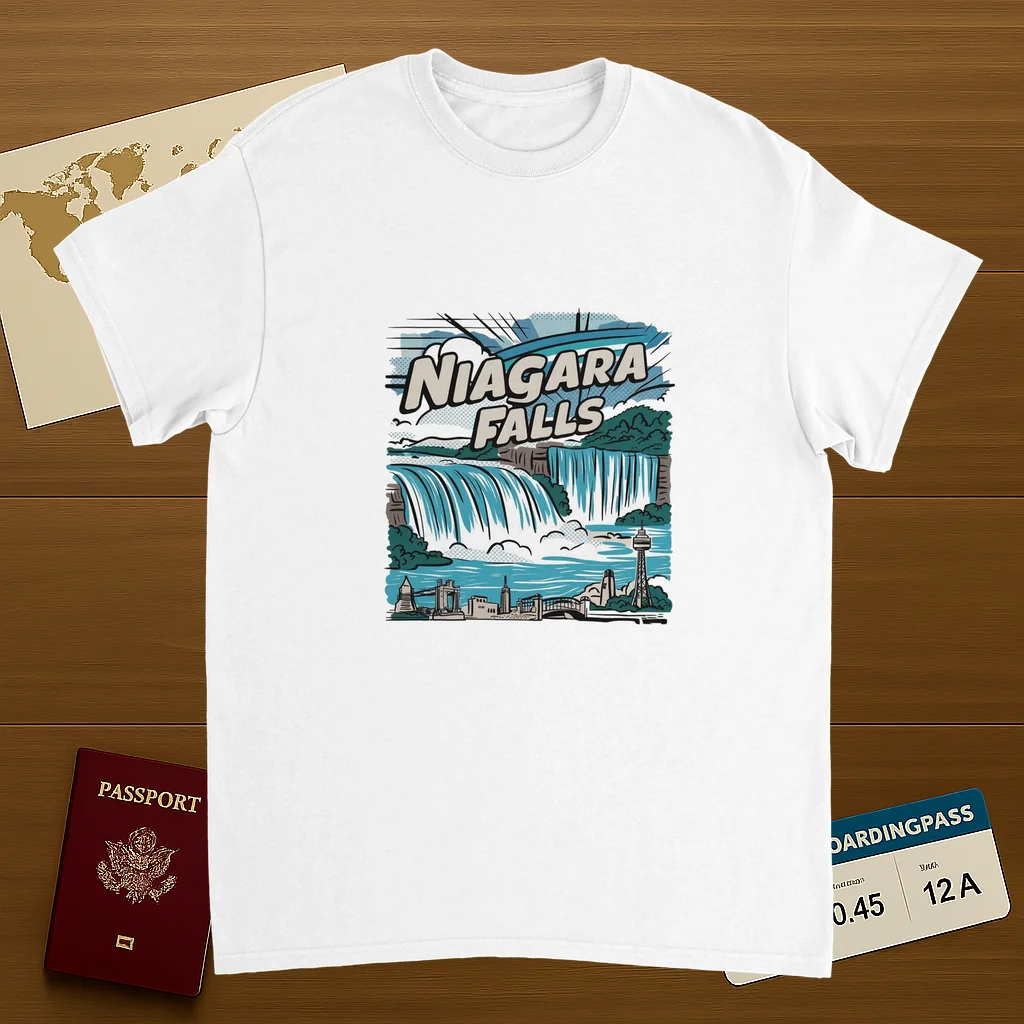 white Niagara Falls Unisex Travel T-Shirt on wooden background with world map, passport, and boarding pass
