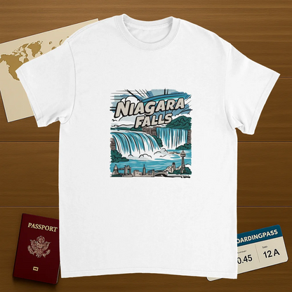 white Niagara Falls Unisex Travel T-Shirt on wooden background with world map, passport, and boarding pass