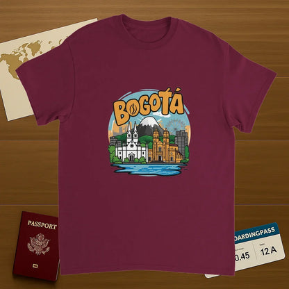 Bogotá Colombia Unisex Travel T-Shirt on wooden background with world map, passport, and boarding pass
