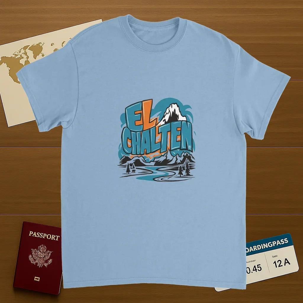 light blue El Chaltén Argentina Unisex Travel T-Shirt on wooden background with world map, passport, and boarding pass
