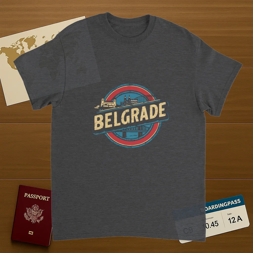 Belgrade Serbia Unisex Travel T-Shirt on wooden background with world map, passport, and boarding pass