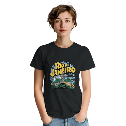 Rio de Janeiro Brazil Unisex Travel T-Shirt on wooden background with world map, passport, and boarding pass