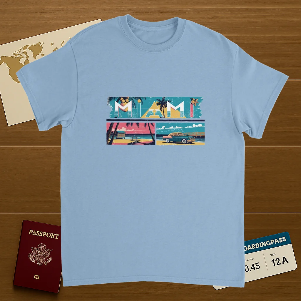 light blue Miami USA Unisex Travel T-Shirt featuring a person