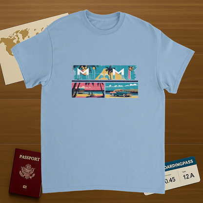 light blue Miami USA Unisex Travel T-Shirt featuring a person