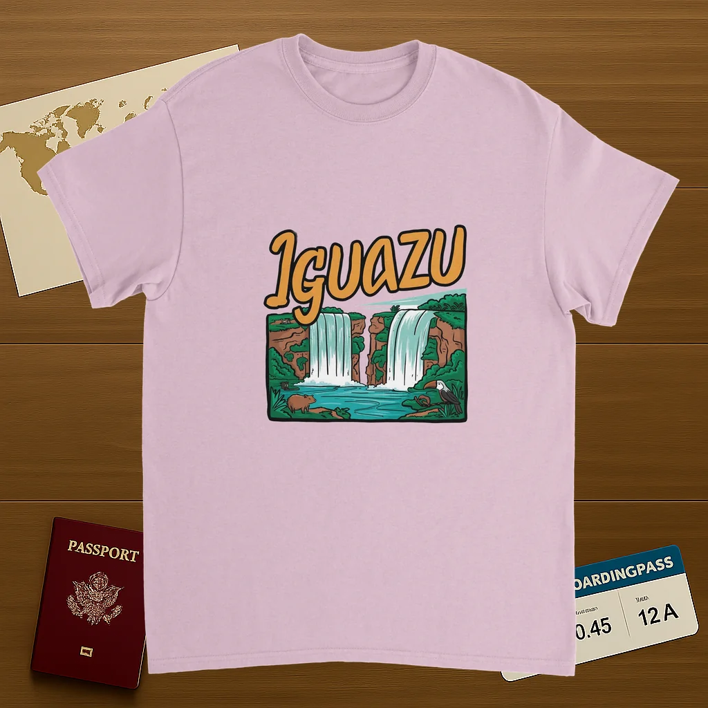 light pink Iguazu Falls Unisex Travel T-Shirt on wooden background with world map, passport, and boarding pass