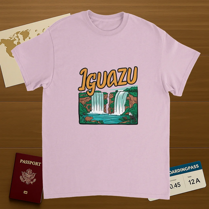 light pink Iguazu Falls Unisex Travel T-Shirt on wooden background with world map, passport, and boarding pass