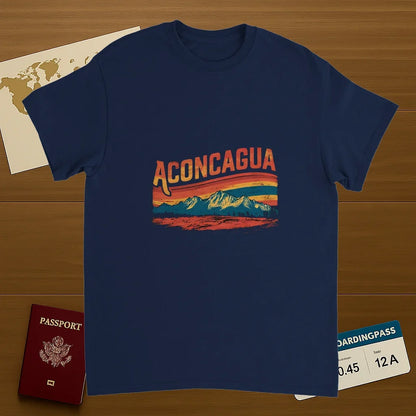 navy Aconcagua Argentina Unisex Travel T-Shirt on wooden background with world map, passport, and boarding pass
