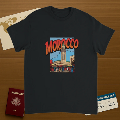 black Morocco Unisex Travel T-Shirt on wooden background with world map, passport, and boarding pass