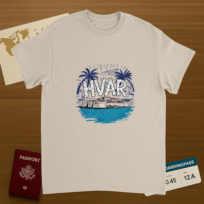 Hvar Croatia Unisex Travel T-Shirt on wooden background with world map, passport, and boarding pass