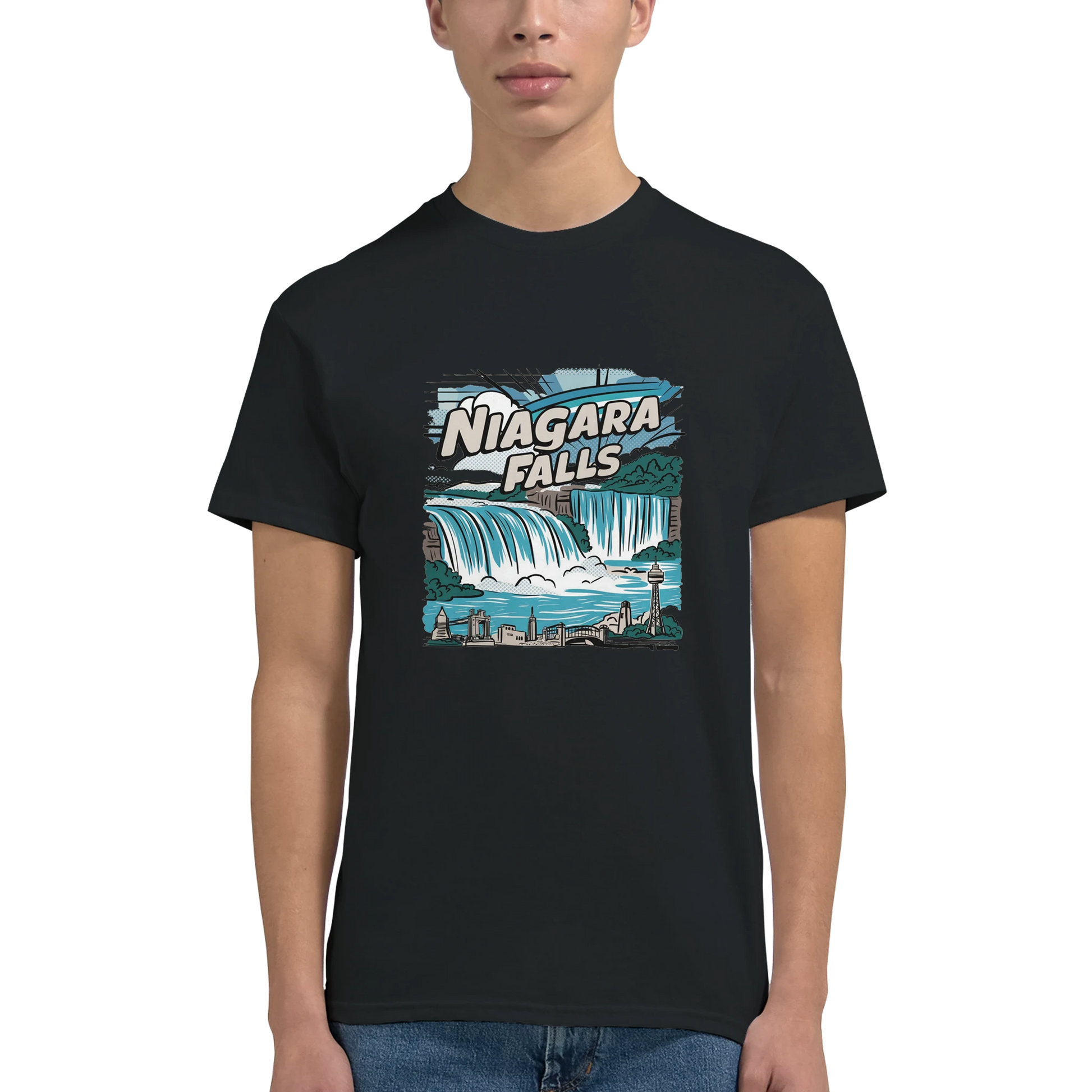 Niagara Falls Unisex Travel T-Shirt on wooden background with world map, passport, and boarding pass