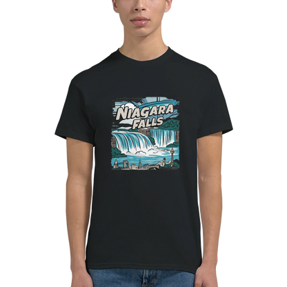 Niagara Falls Unisex Travel T-Shirt on wooden background with world map, passport, and boarding pass