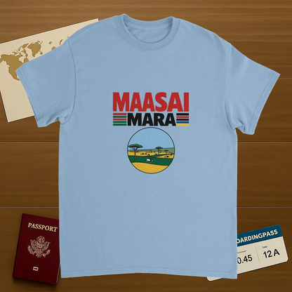 light blue Maasai Mara Unisex Travel T-Shirt on wooden background with world map, passport, and boarding pass