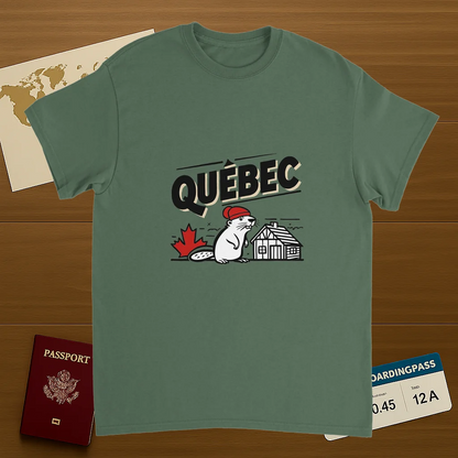 military green Quebec Canada Unisex Travel T-Shirt on wooden background with world map, passport, and boarding pass
