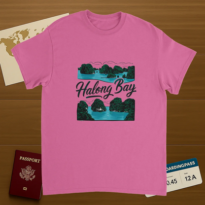 Halong Bay Vietnam Unisex Travel T-Shirt on wooden background with world map, passport, and boarding pass