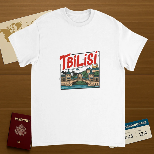 white Tbilisi Georgia Unisex Travel T-Shirt on wooden background with world map, passport, and boarding pass