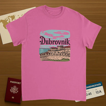Dubrovnik Croatia Unisex Travel T-Shirt on wooden background with world map, passport, and boarding pass