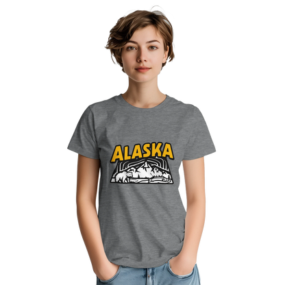 Alaska USA Unisex Travel T-Shirt on wooden background with world map, passport, and boarding pass