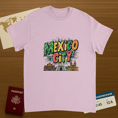light pink Mexico City Unisex Travel T-Shirt on wooden background with world map, passport, and boarding pass