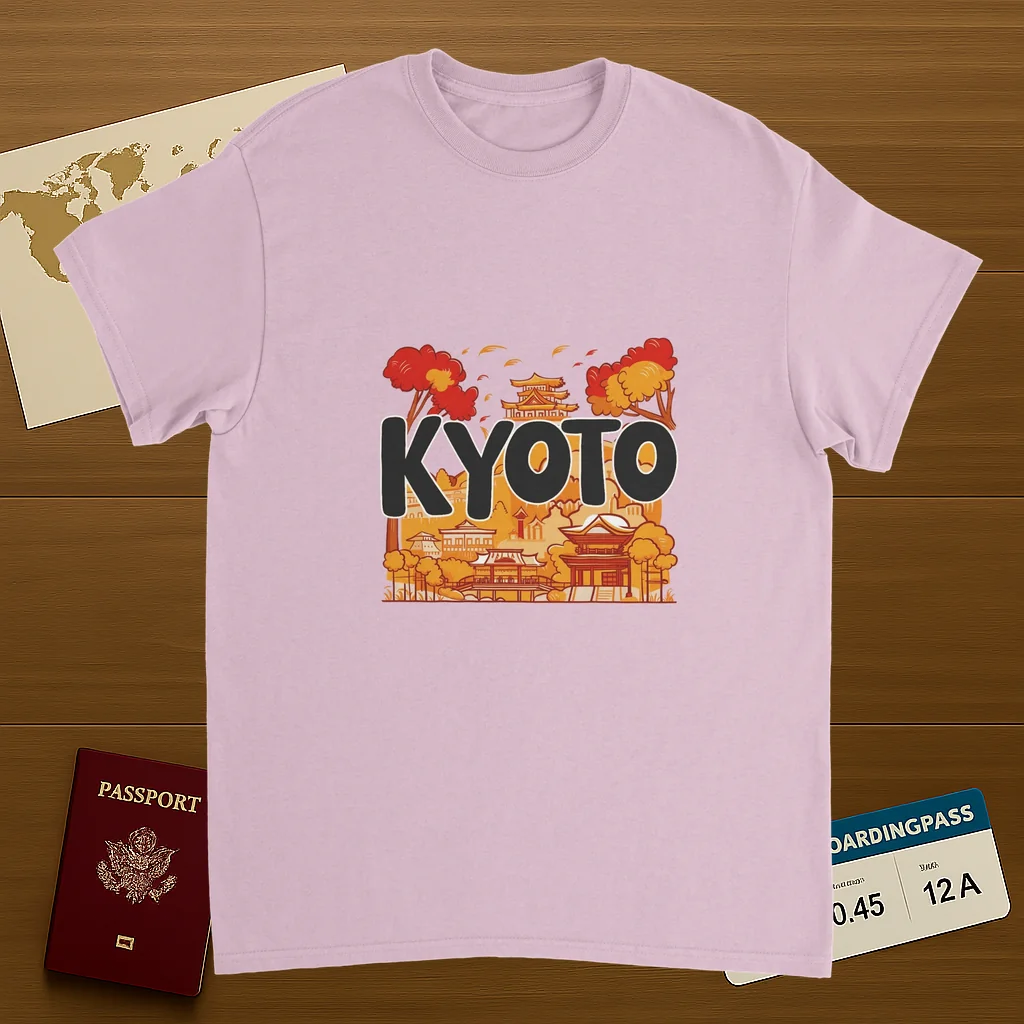 light pink Kyoto Japan Unisex Travel T-Shirt on wooden background with world map, passport, and boarding pass