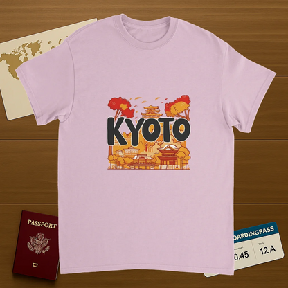 light pink Kyoto Japan Unisex Travel T-Shirt on wooden background with world map, passport, and boarding pass