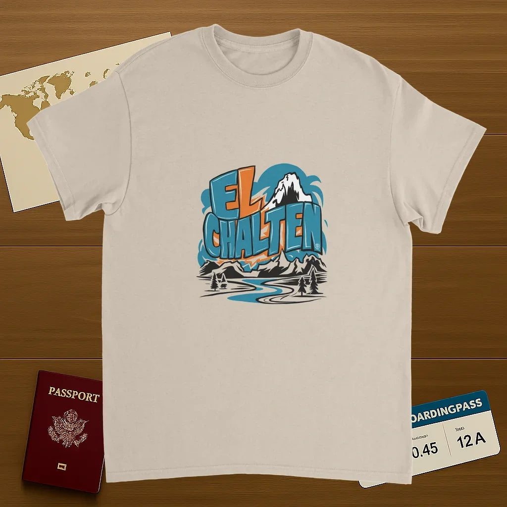 El Chaltén Argentina Unisex Travel T-Shirt on wooden background with world map, passport, and boarding pass
