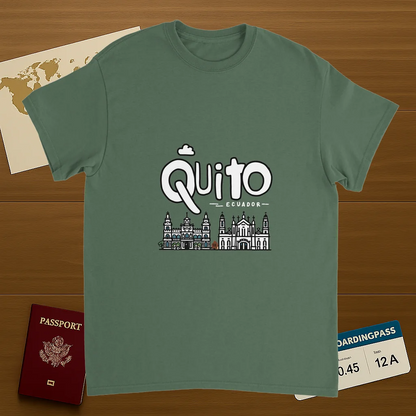 military green Quito Ecuador Unisex Travel T-Shirt on wooden background with world map, passport, and boarding pass