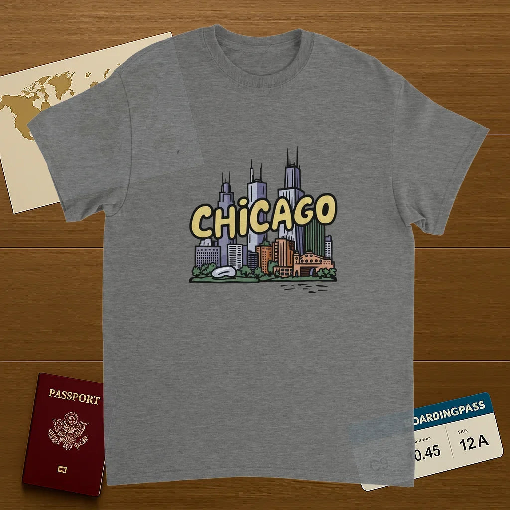 sport grey Chicago USA Unisex Travel T-Shirt on wooden background with world map, passport, and boarding pass